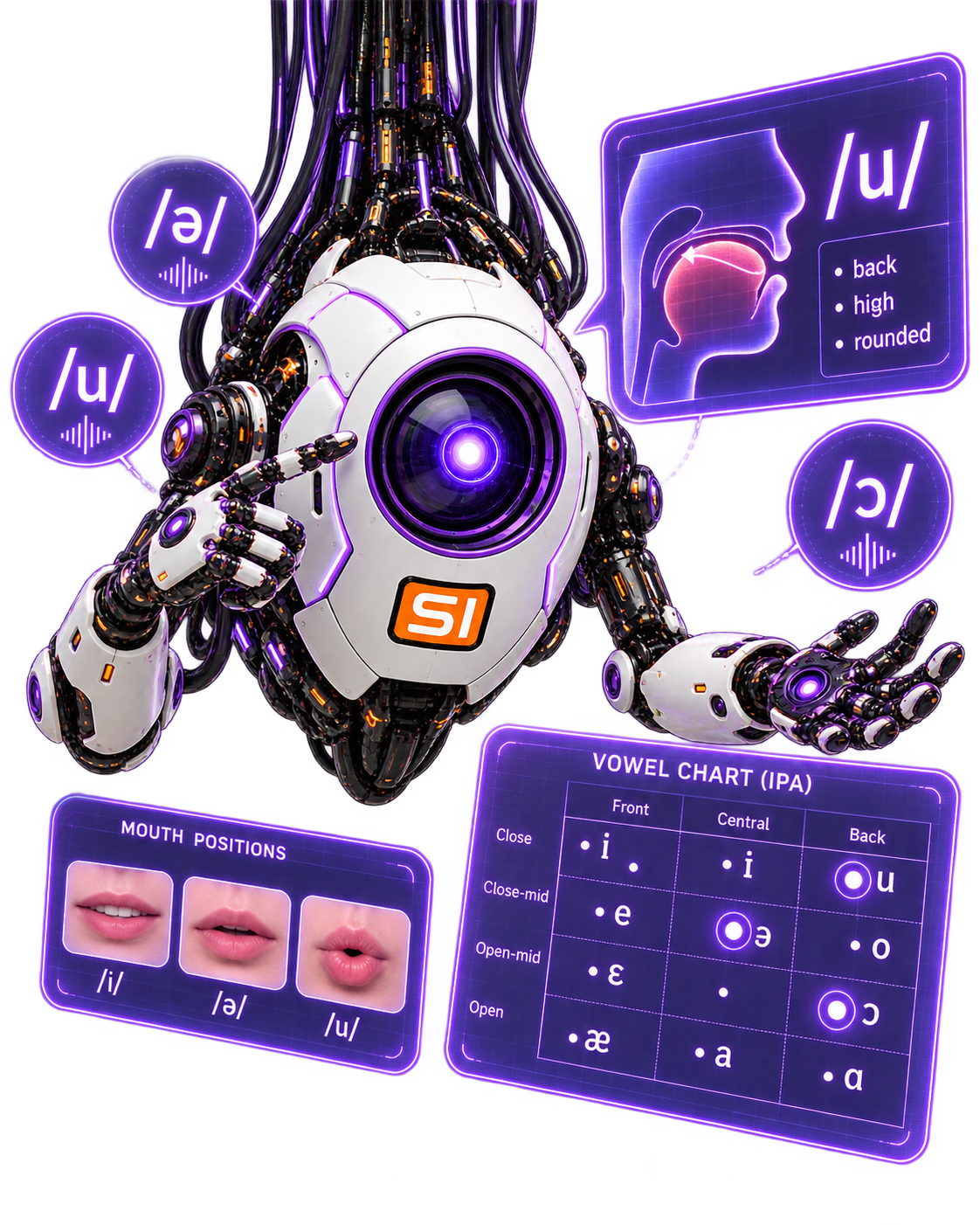 Violet, the robotic SMORTLER SI assistant, thoughtfully exploring speech sounds and language.